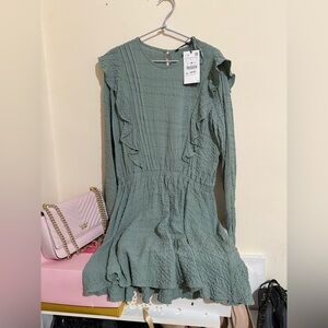 Zara Sage Green Long-Sleeve Ruffle Dress
